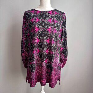 Susan Graver size M tunic top, black, white, and bright purple print
